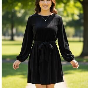 NWT Dress Forum Ribbed Velour Poet Sleeve Mini Dress/LBD with Sash Waist